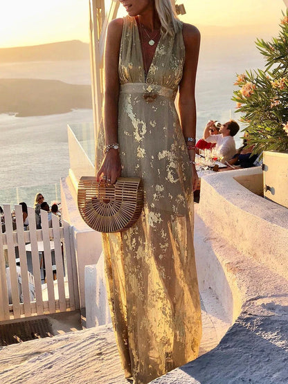 Women Deep V-Neck Maxi Party Dress Summer Patchwork Sleeveless Solid Casual Holiday Ladies Dress Elegant Streetwear Dropshipping