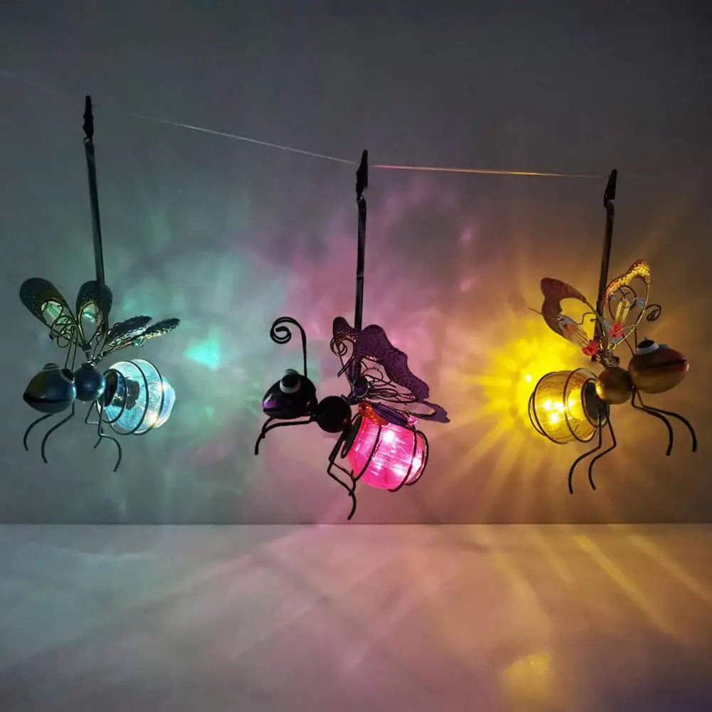 Metal Solar Bees Lantern Garden Decor LED Hanging Dragonfly Bees Solar Light Garden Sculptures For Patio Yard Outdoor Decoration
