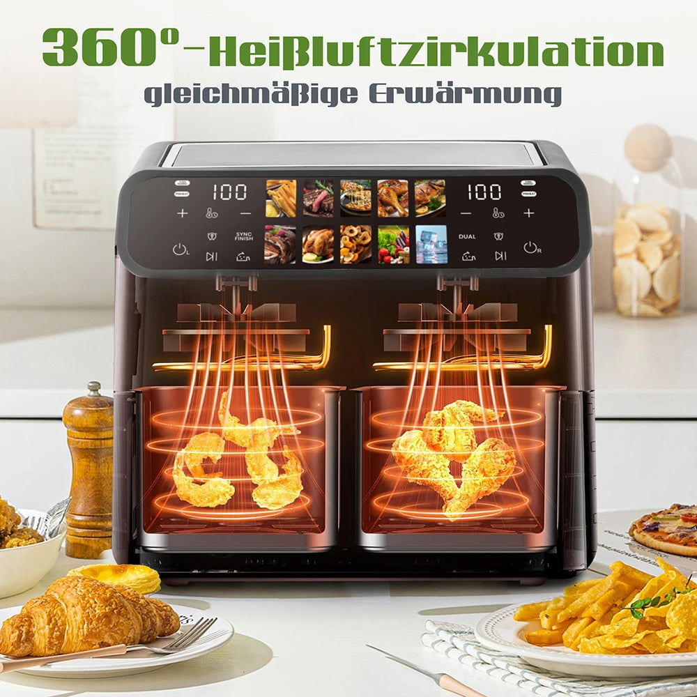 Hot Air Fryer 9L Dual Basket Electric Oilless Cooker Oven with Touch Control,10-In-1 Multifunction,Visible Window,Family Size