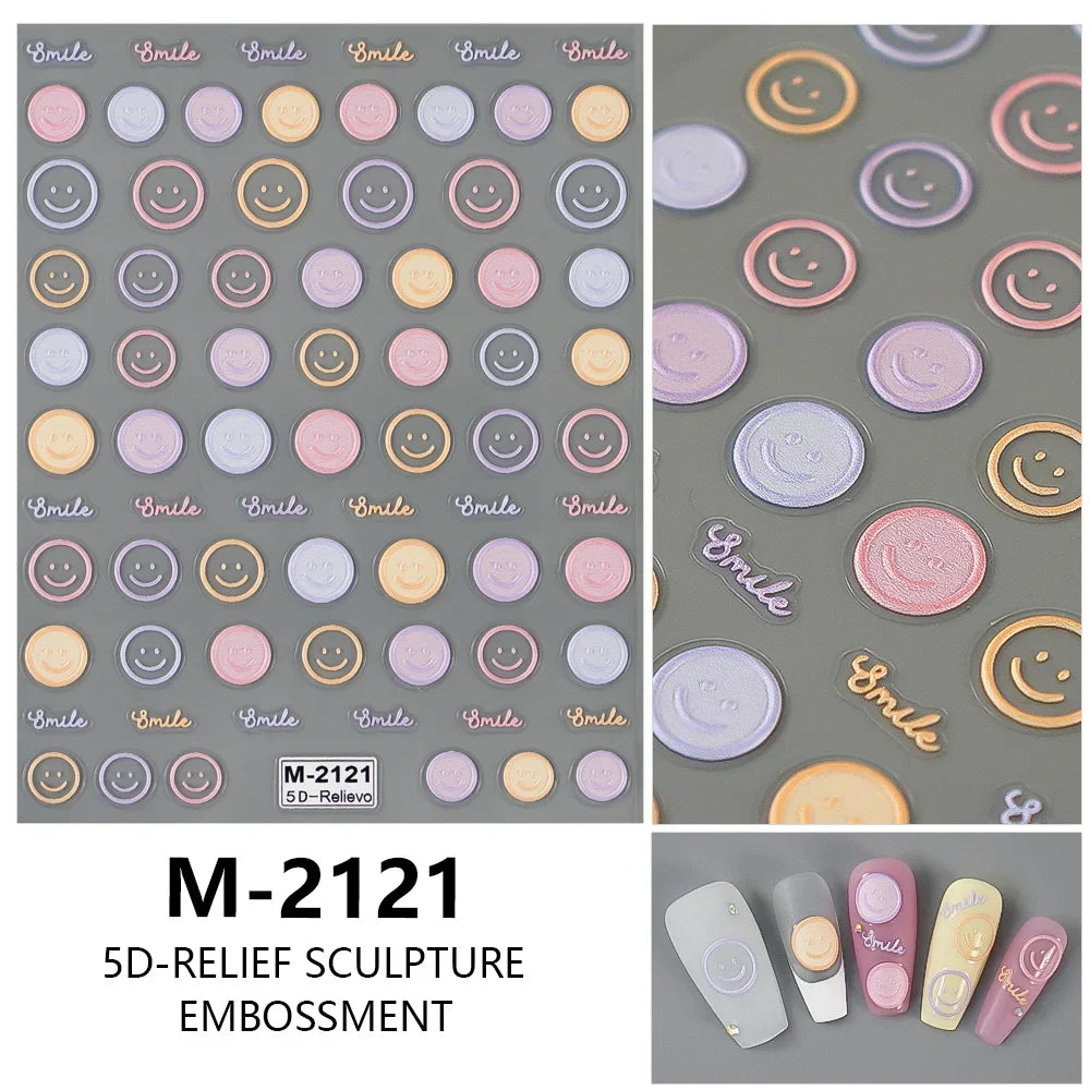 5D Exquisite Smiling Face Nail Stickers Embossed Japanese Macaron Nail Art Self-Adhesive Decorations Accessories DIY