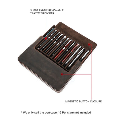 Luxury Genuine Leather 12 Slots Fountain Pen Case Box Office School Stationery Pen Storage Pouch Holder with Removable Pen Tray
