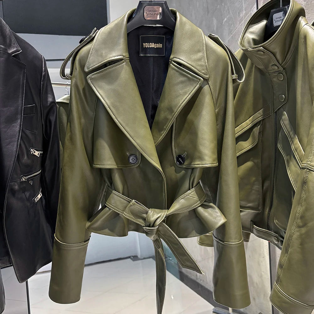 YOLOAgain Vintage Grain Leather Jacket Women Real Leather Sheepskin Jacket With Belt