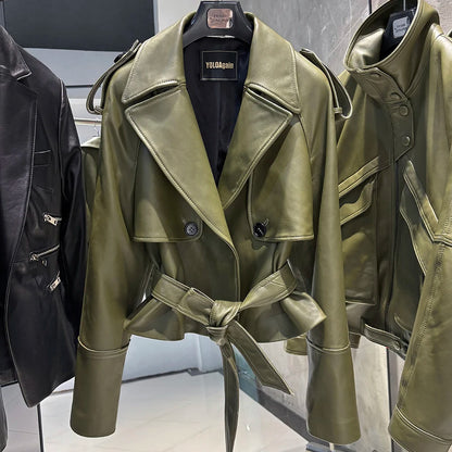 YOLOAgain Vintage Grain Leather Jacket Women Real Leather Sheepskin Jacket With Belt