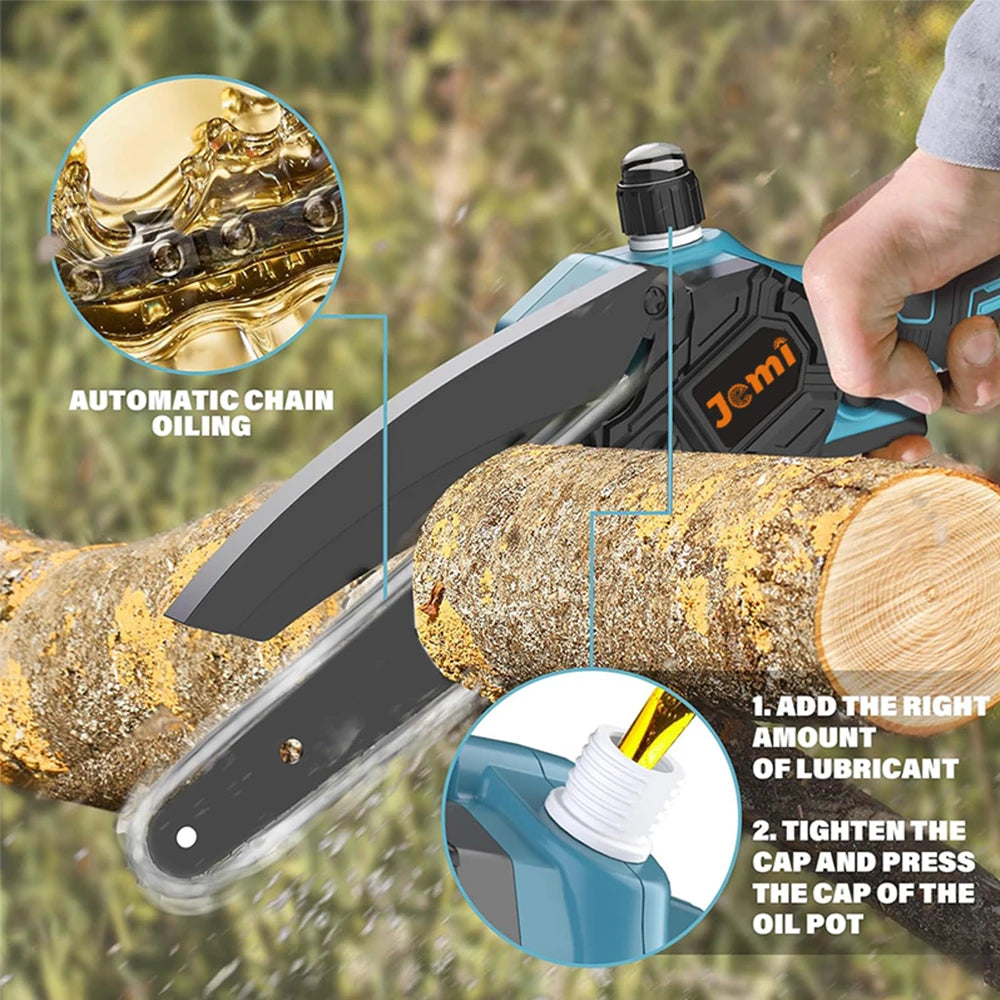 Jemi Tool 6 inch Portable Cordless Rechargeable Electric Chain Saw with Two Batteries, Equipped with Automatic Lubricator and Safety Lock,Wood Cutter, Garden orchard Pruning Tool