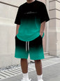 Summer Gradient Color Athletic T-Shirt and Shorts Set Stylish Men's Quick-Dry Athletic Short-Sleeve Top with Drawstring Shorts