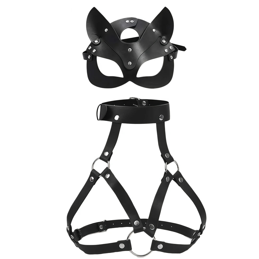 Gothic Leather Cat Mask Body Harness Set Women Erotic Bondage Lingerie BDSM Fetish Masquerade Cosplay Party Costume Accessories