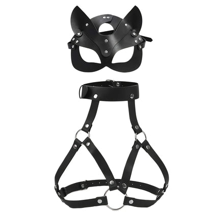 Gothic Leather Cat Mask Body Harness Set Women Erotic Bondage Lingerie BDSM Fetish Masquerade Cosplay Party Costume Accessories