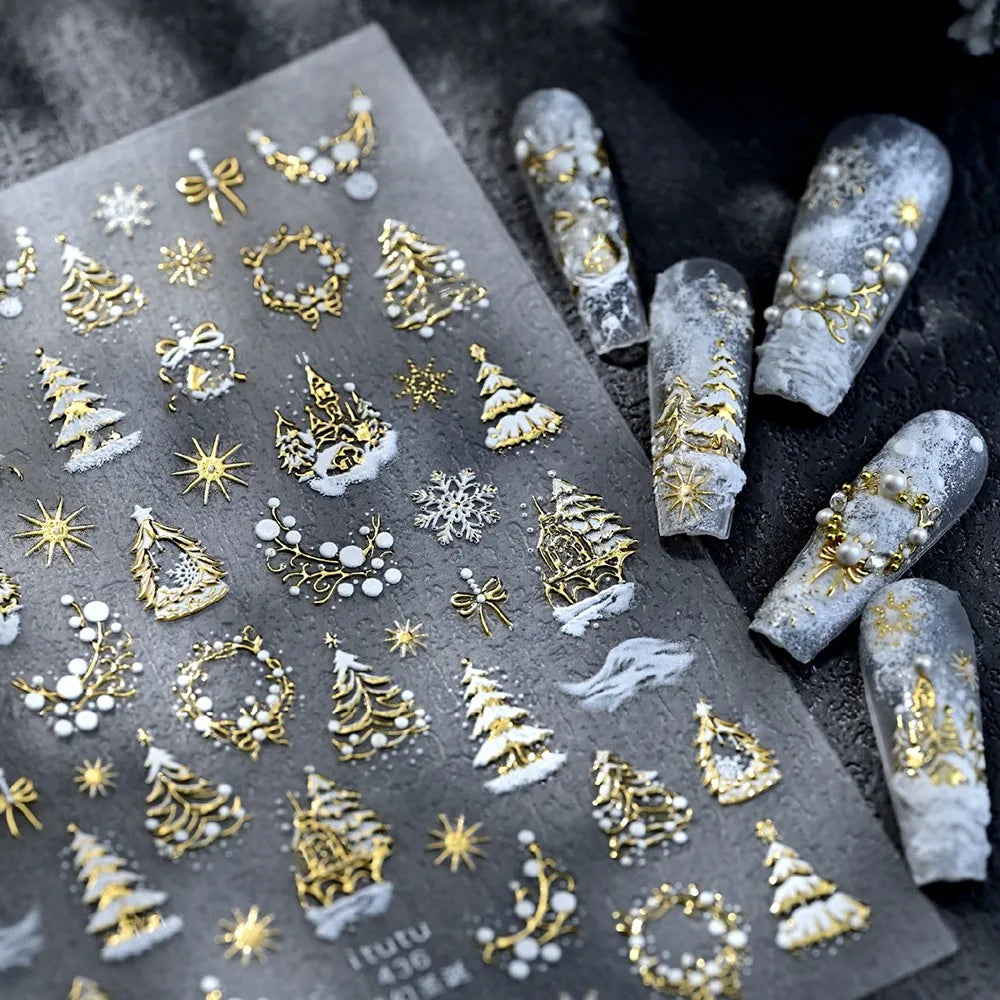 5D Embossed Gold Castle/Garland/Christmas Tree Nail Stickers White Snowflakes Bow Star Nail Decals Self-Adhesive Xmas Nail Decor