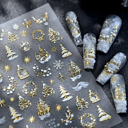 5D Embossed Gold Castle/Garland/Christmas Tree Nail Stickers White Snowflakes Bow Star Nail Decals Self-Adhesive Xmas Nail Decor