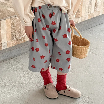 Spring/Summer Calf Length Pants for Girls Floral Print Anti-mosquito Breeches Korean Kid's Loose 7 Point Pants Childrens Clothes