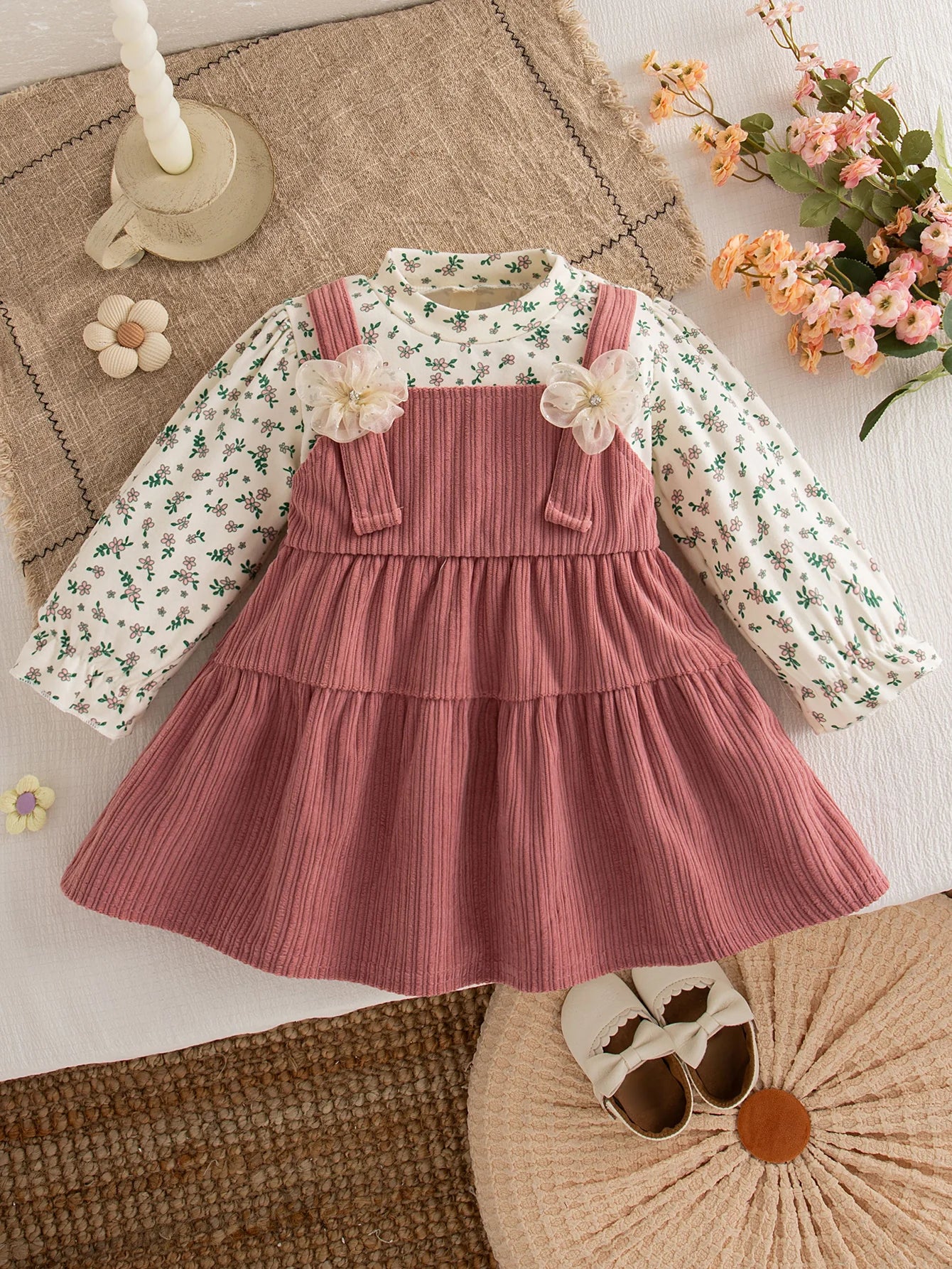 Retro Floral Print Toddler Baby Dress Long Sleeve Casual Outfit Baby Girls Daily Play Clothes Comfortable Baby Wear
