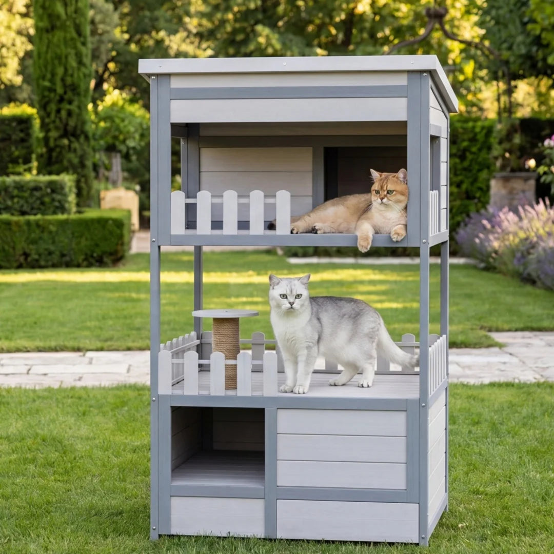 Outdoor cat house, pine cat house, rainproof outdoor cat shelter, solid wood pet cage, winter warm cat bed, with galvanized cat litter box, size 68 x 64 x 124 cm, gray