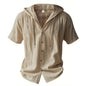 Cotton Linen Shirt for Men Hooded Short Sleeve Solid Color Breathable Lightweight Drawstring Design Shirts Casual Basic Tees