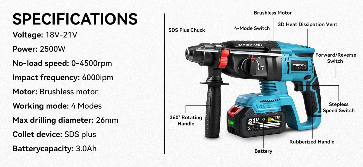 YOFIDRA 26mm Brushless Electric Rotary Hammer Cordless Multifunctional Impact Hammer Drill Power Tools For Makita 18-21V Battery Pin