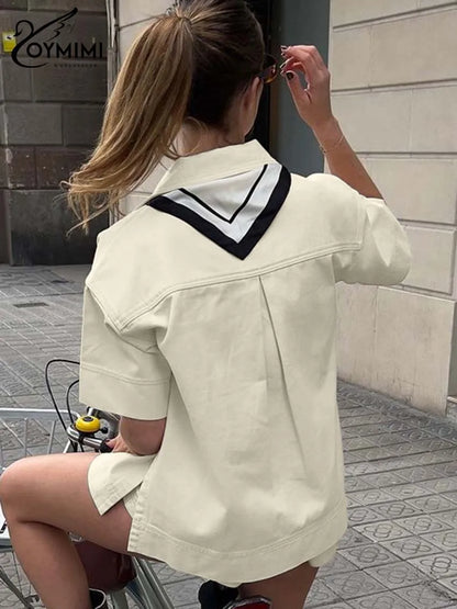 Oymimi Fashion Beige 2 Piece Sets Woman Outfit Elegant Lapel Short Sleeve Pockets Side Slit Shirts And High Waisted Shorts Sets