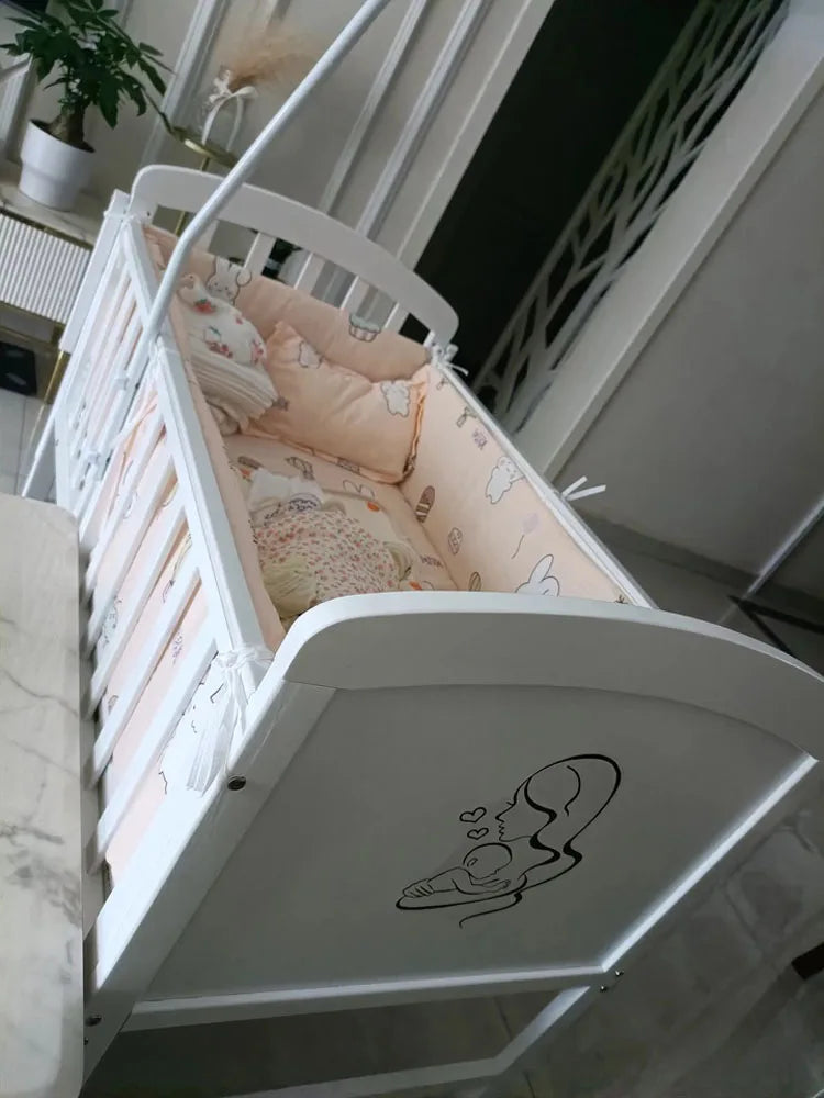 Wood Baby Crib With Mosquito Net And Diaper Table Convert To Kids Bed, Bedding Set, Baby Cot, Bed, Rocker Mattress