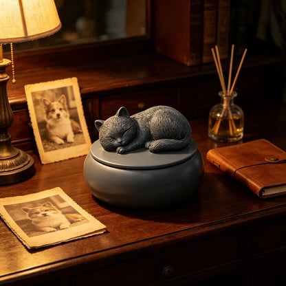 Pet Urn for Cats Resin Sleeping Cat Memorial Ashes Container Matte Sealed Pet Hair Keepsake Box Decor Desktop Loss Sympathy Gift