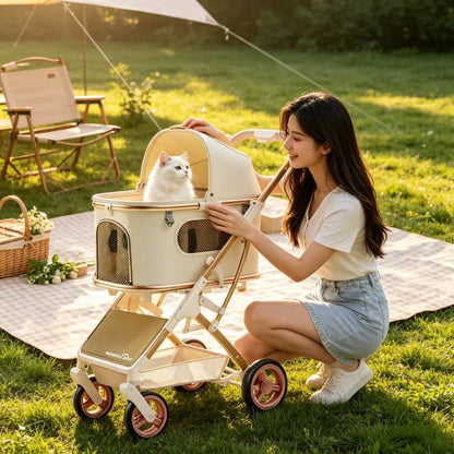 Aluminum Alloy Lightweight Pet Stroller Detachable Carrier One-Click Fold Shock Absorb Dog Cat Outdoor Travel Cart Wholesale