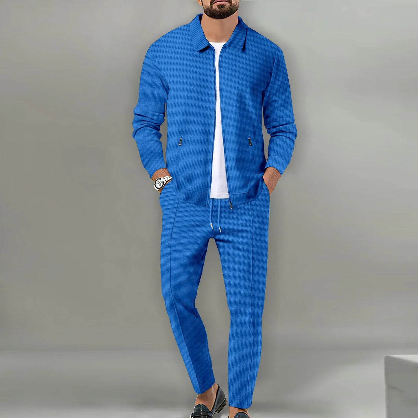 Autumn Winter Men's Casual Blazer Set New Fashion Waffle Baseball Suit Round Neck Pocket Zipper Long Sleeve Trousers Two-Piece S