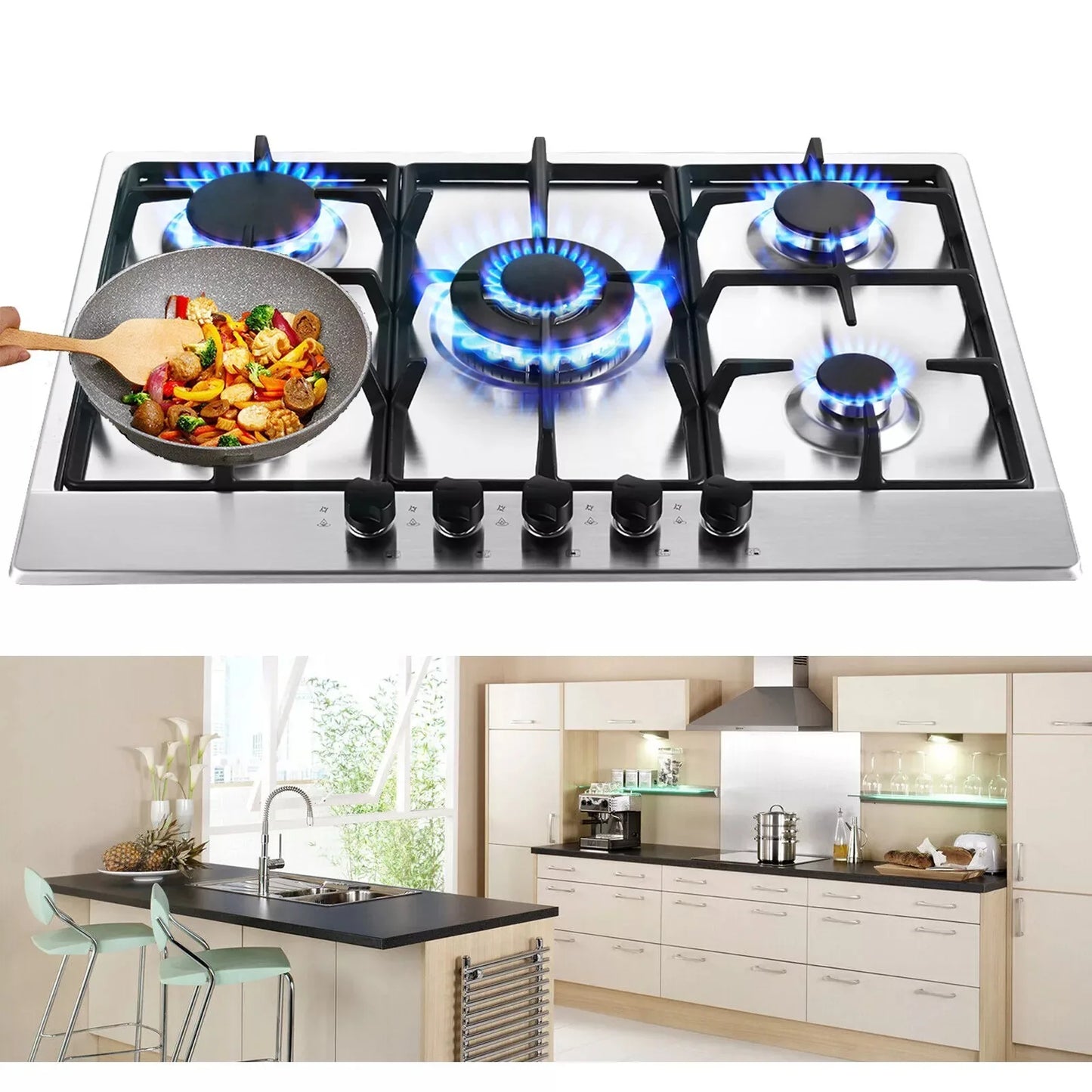TopStrong 2/4/5 Burner 4200W Stainless Steel Auto Flame Protection Built-in for Natural Gas/Propane, Easy Clean, 30cm‌ Gas Hob