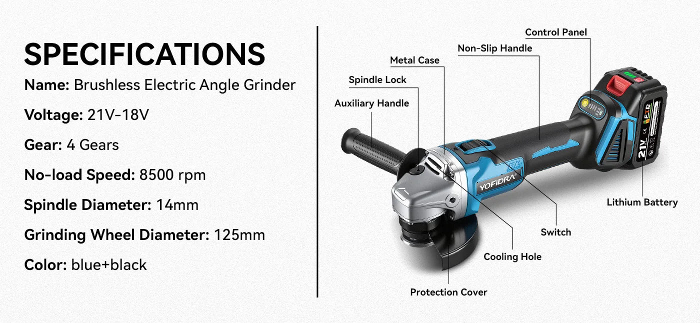 YOFIDRA 125mm 4 Gears Brushless Electric Angle Grinder Metal Wood Grinding Polishing Cutting Power Tool For Makita Battery Pin