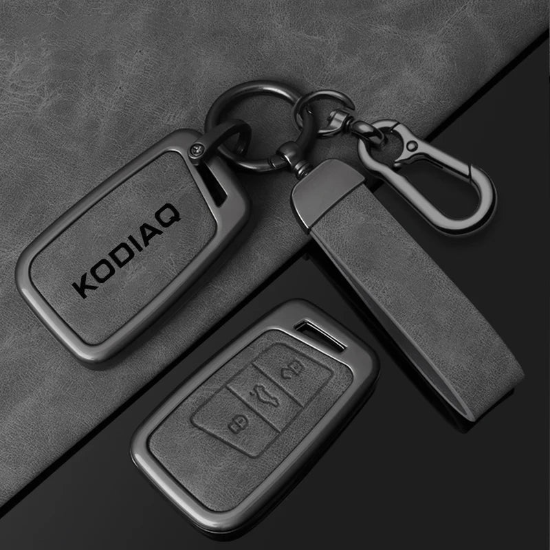 Leather Car Key Case Cover Shell Holder for Skoda Kodiaq Remote Control Key Cover Metal Housing Keyless Protector Accessories