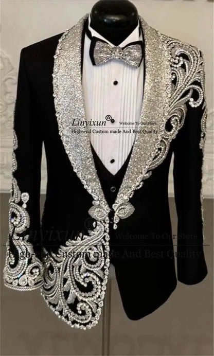 Designer Style Sparkling Diamond Men Suits For Wedding Prom Blazers Outfits 3 Pieces Groom Tuxedos Customized trajes para hombre