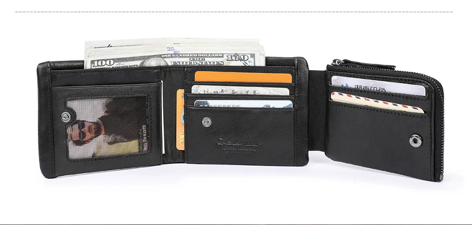 CONTACT'S Genuine Leather Short Wallets for Men Trifold Card Holder Money Clip Coin Purse Male Pocket Wallets Men's Purse Bags