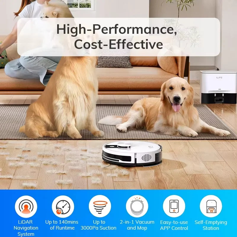 ILIFE A12 Pro Robot Vacuum and Mop Combo, LIDAR Navigation, Self Collection Dust, 3000Pa Suction, App/Remote Control