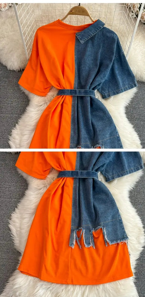 Retro Hong Kong Sle Chic Casual Mid-Length round Ne Patchwork Color Denim irt with Belt Spring New Women's Faion Top