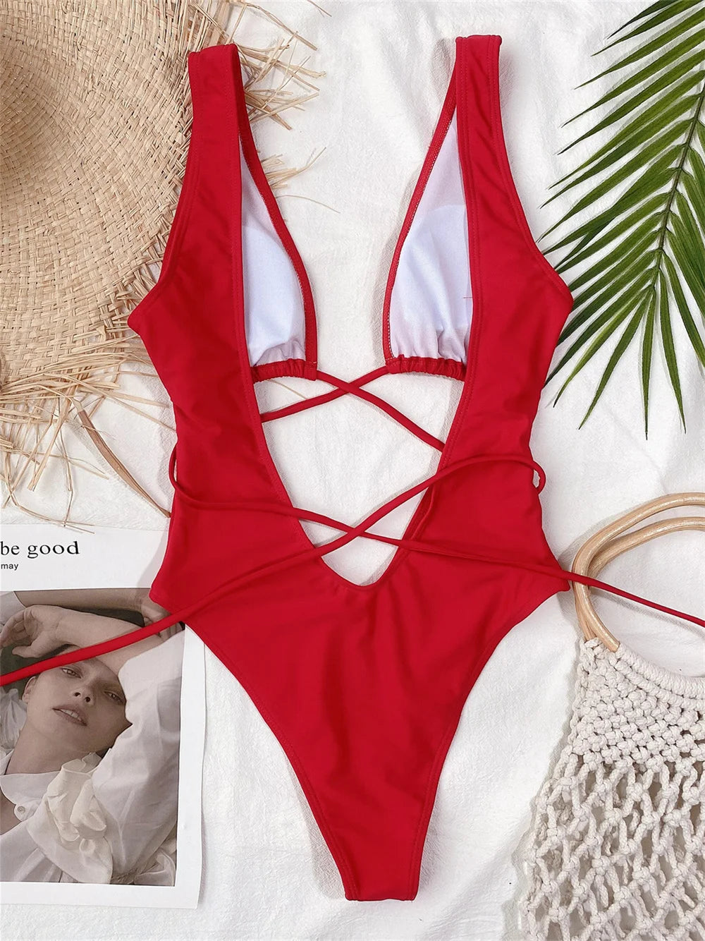 Orangered Leopard Bikini Hollow Out Bandage Y2K Swimsuit Backless High Leg Cut Swimwear Women Beach Outfit Bathing Suit Bodysuit