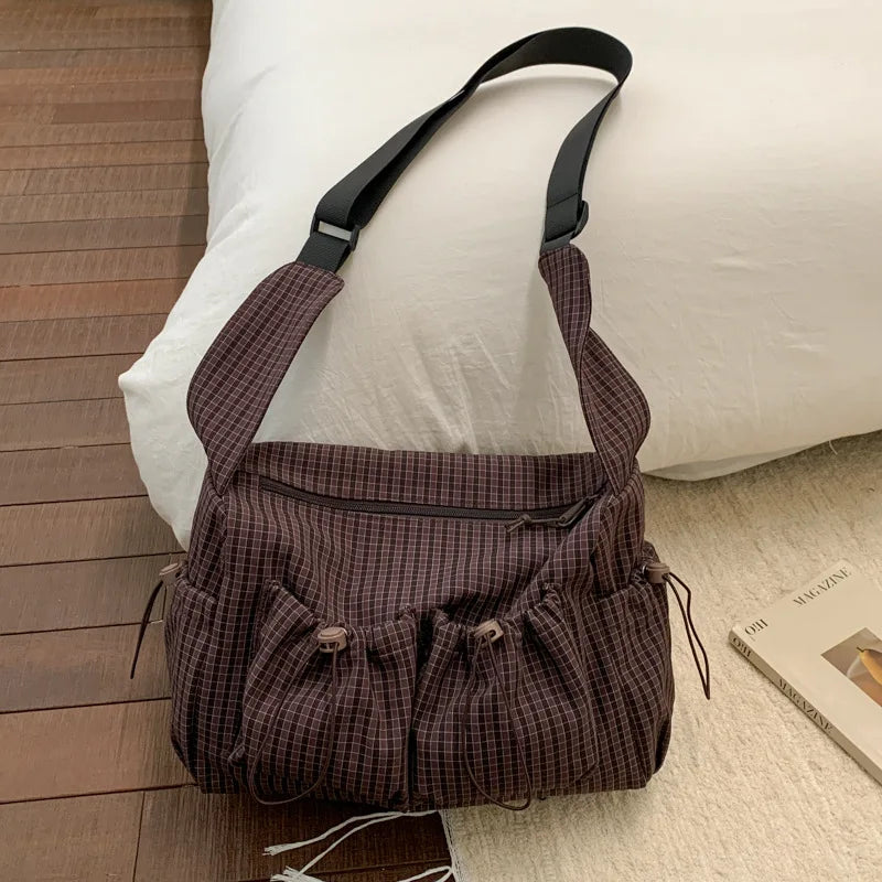Korean Nylon Shoulder Bag Fashion Simple Plaid Zipper Tote Bag Drawstring Pleated Cloud Bag New Commuter Crossbody Shoulder Bag