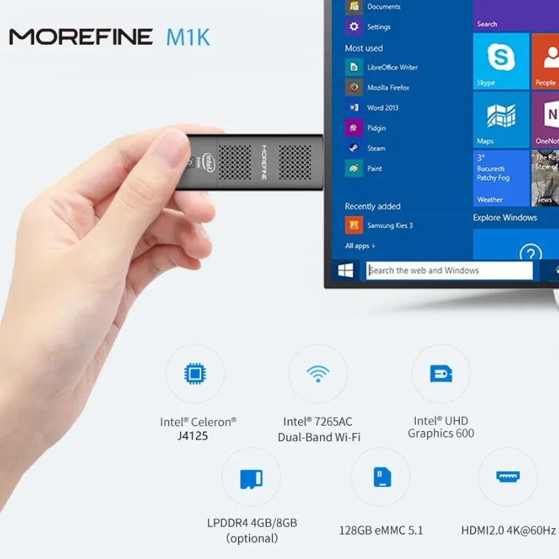 MOREFINE M1K Intel N5000 Pocket PC Win 11 LPDDR4 8GB 128GB/256GB SSD WIFI5 BT4.2 Intel UHD Graphics 4K HD Display Mini PC Stick