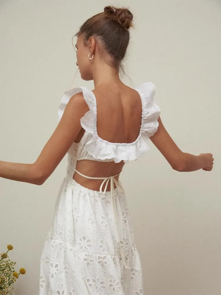White Embroidered Hollow Out Dress For Women'S Summer Strapless Square Neck With A Unique Open Back Design, Slim Fit Long Skirt