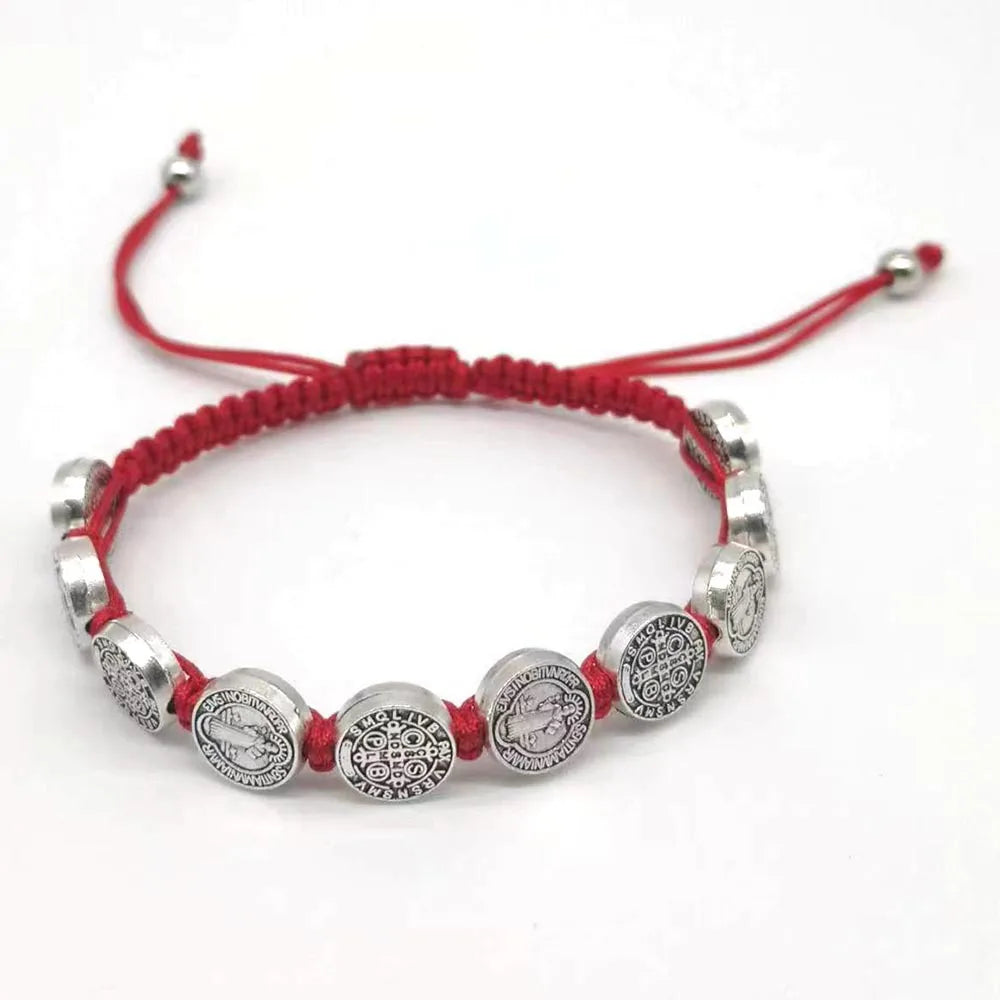 Vintage Virgin Mary and Jesus Exorcist Holy Card Hand Woven Adjustable Bracelet for Men's Religious Jewelry
