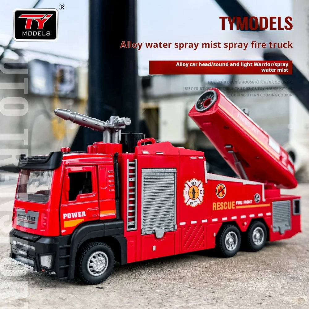 New Alloy Fire Truck Toy Large Size for Boys Water Spray & Smoke Exhaust Function Kids Ladder Rescue Vehicle Model Pull Back