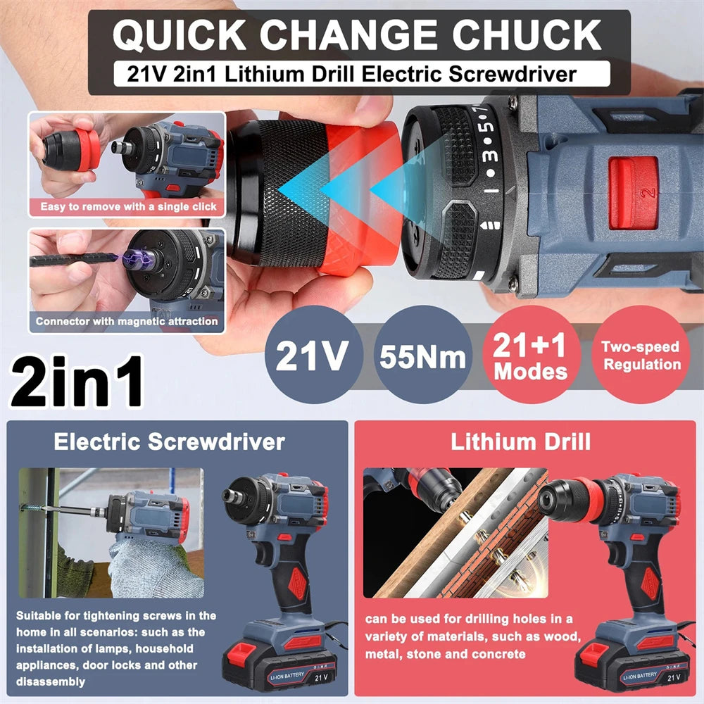 55N.M Brushless Electric Drill Screwdriver 2 IN 1 Handheld Cordless Impact Drill Woodworking DIY Power Tool With 2PCS Battery