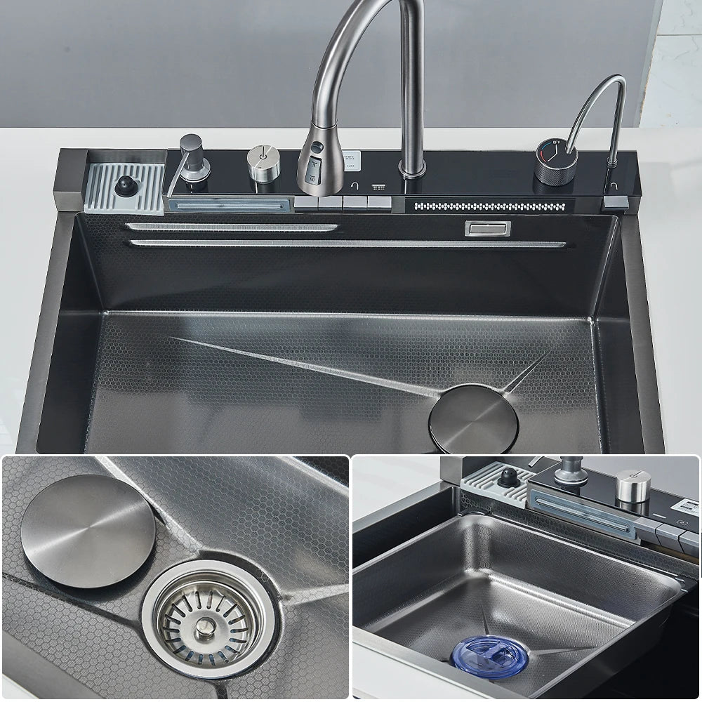 304 Stainless Steel Kitchen Waterfall Sink Digital Display Large Single Sink Dish Basin Sink With Multifunction Touch Waterfall