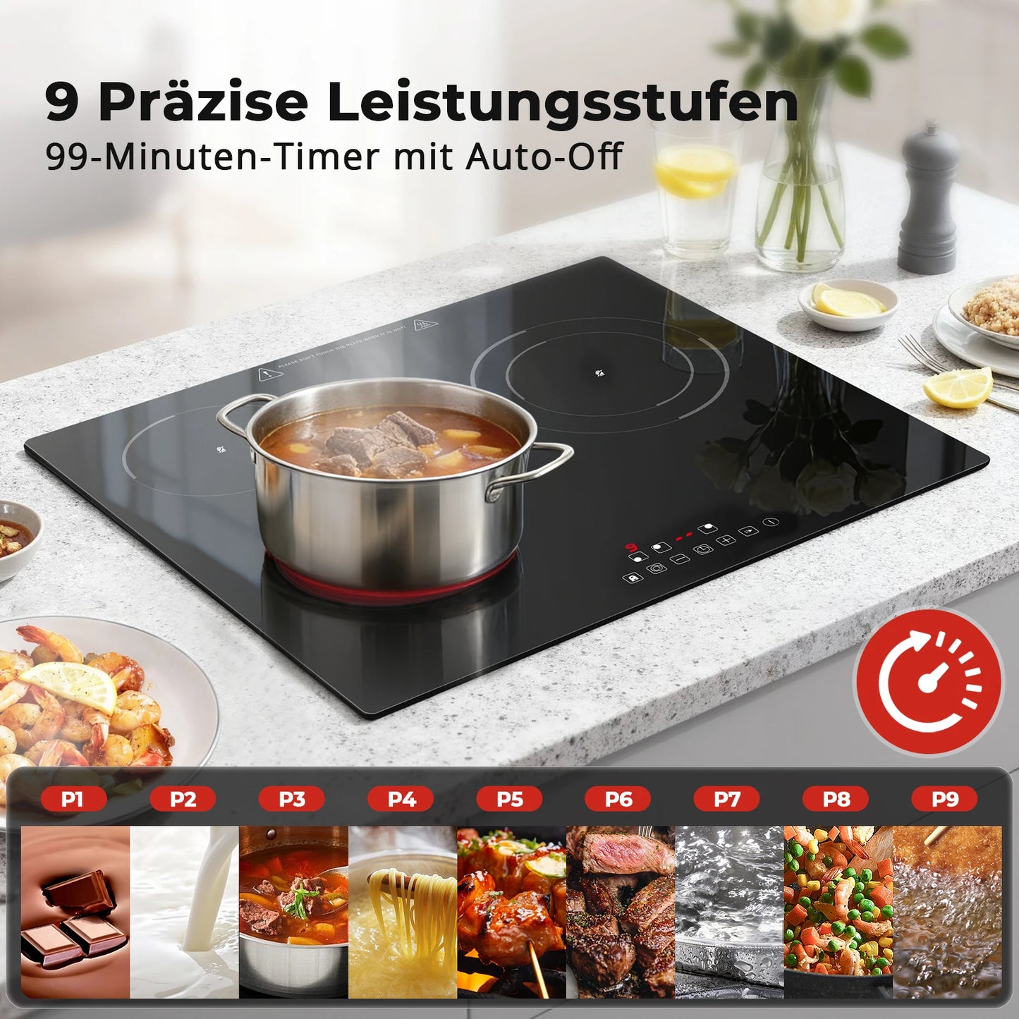 6000W Built-in Ceramic Hob, 4 Zone Induction Cooktop with Touch Control, 9 Power Levels, Timer & Child Lock, 60cm Black Glass