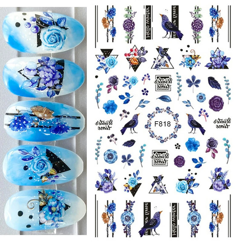 3d Nail Art Decals Watercolor Florals Purple Green Pink Flowers Leafs Fruit Adhesive Sliders Nail Stickers For Manicure