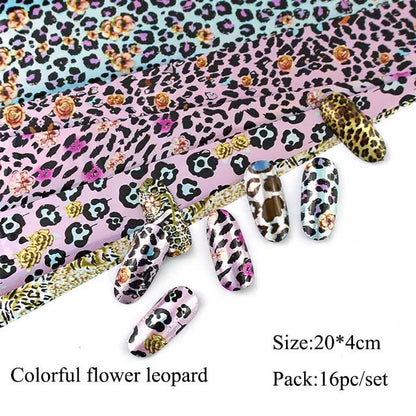 16Pc Holographic Nail Foil Set Starry Transfer 20*4cm Sticker Laser Flowers Leopard Mix Design Decal DIY Nail Art Decoration