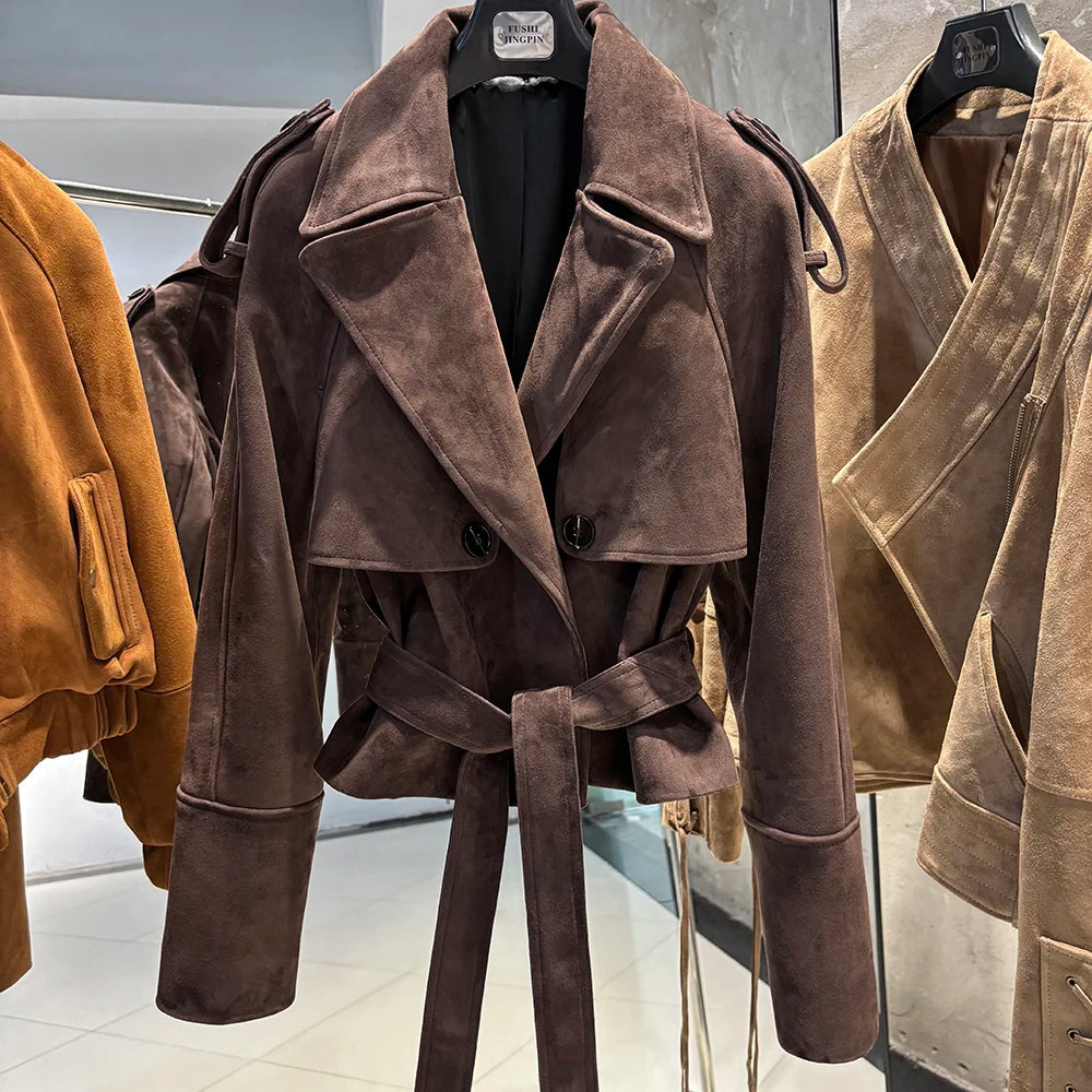 YOLOAgain Vintage Grain Leather Jacket Women Real Leather Sheepskin Jacket With Belt