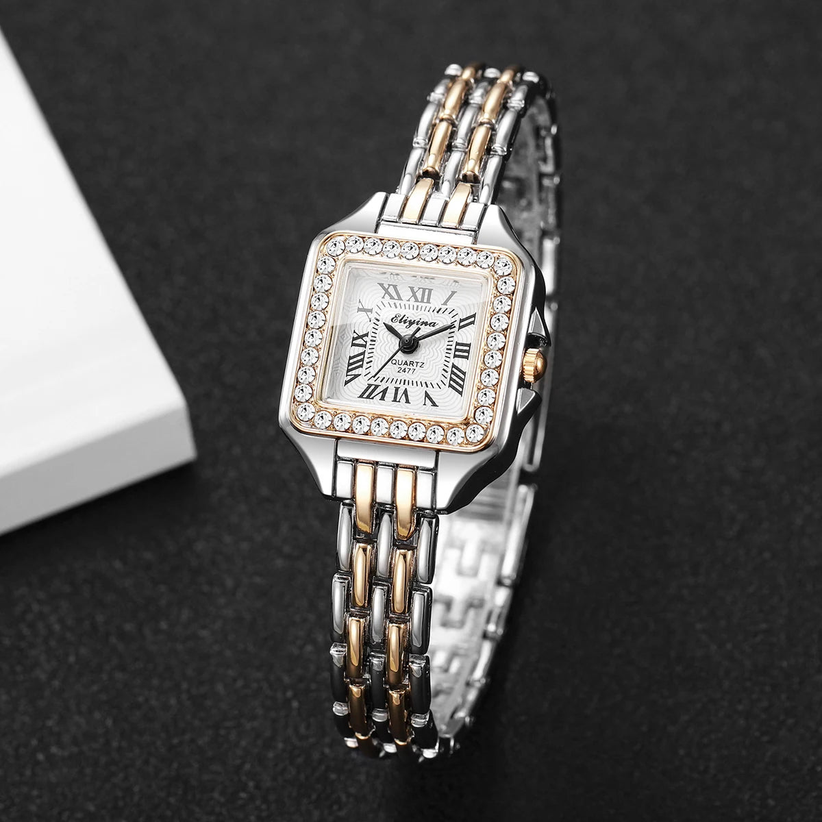 Elegant Rhinestone Square Women Watches Fashion Roma Dial Quartz Wristwatch Reloj Mujer Ladies Clock (Without Box)