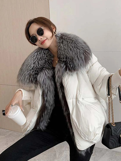 Oversized Winter Warm Real Fox Fur Collar Black Down Coat Women Puffer Outerwear Jackets 2024 Autumn Winter