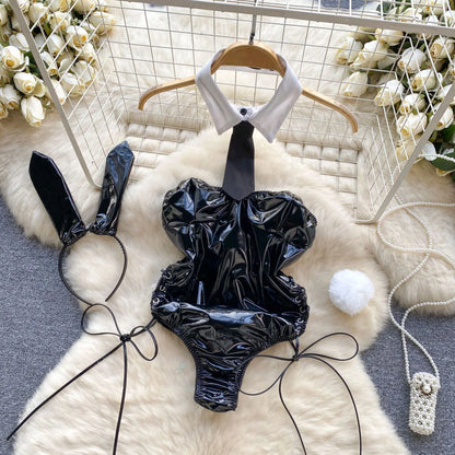 PU Leather Rabbit Girl Strapless Strapping Slim Jumpsuit Set Exotic Pornographic Lingerie Party Cosplay Bodysuit Lace-up Sexy