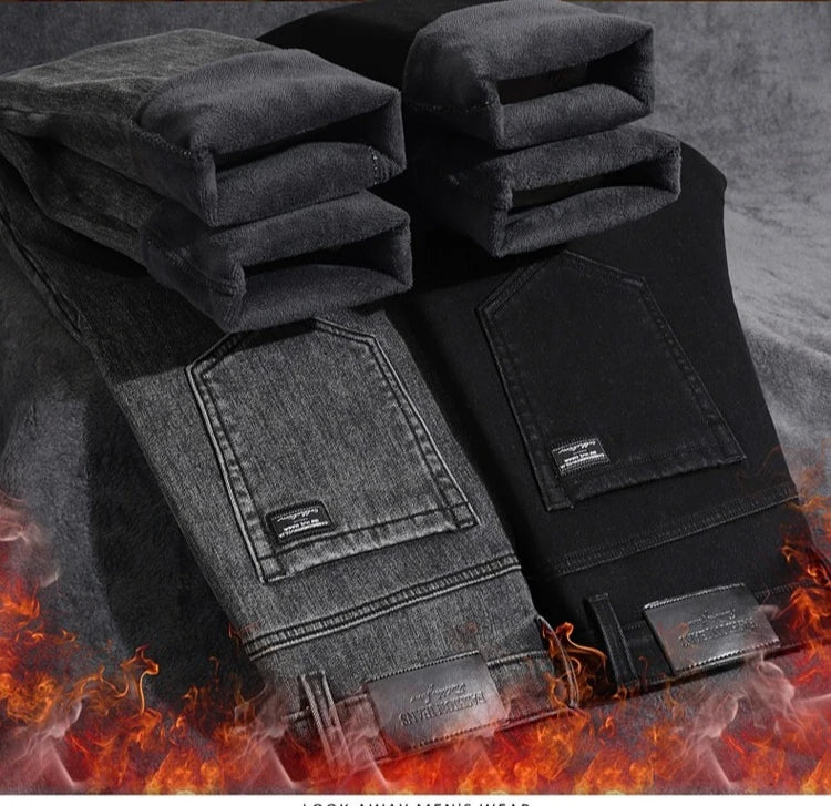 Men's Winter Stretch Fleece Jeans Thickened Warm Loose Straight Velvet Denim Trousers Classic Business Casual Black Work Pants