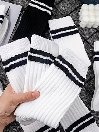 Autumn Winter Mens Mid Tube Socks Simple Casual Black White Striped Breathable High Quality Round Neck Socks