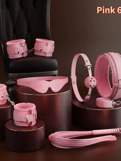 6-10Pcs/Set Sexual Bondage Handcuff Whip Adult Couple Sex Toys Tools Set Erotic Sex Toys for Woman Couples Leather BDSM Kits