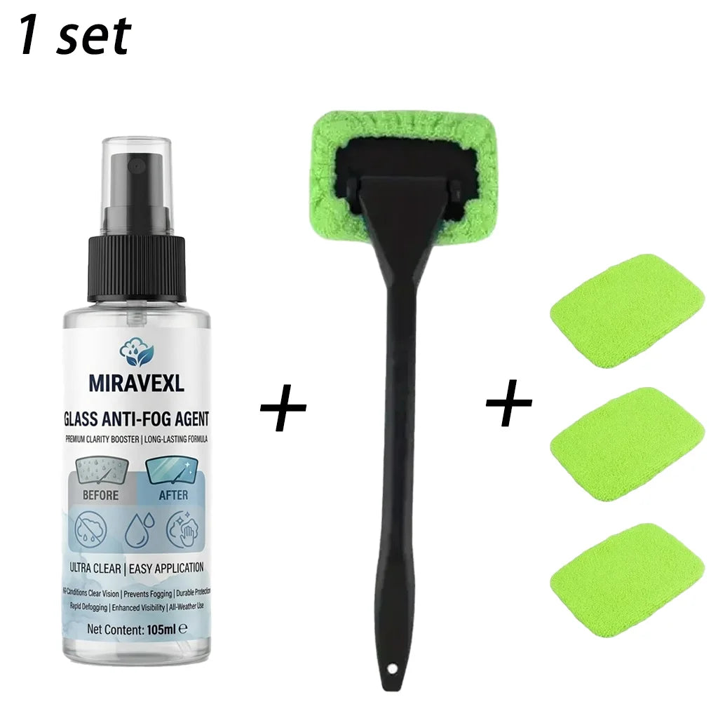 Car Anti‑Fog Spray Kit, Windshield Glass Anti‑Fog Agent with Cleaning Brush & Pads, Long Lasting Defogger for Auto Window Safety