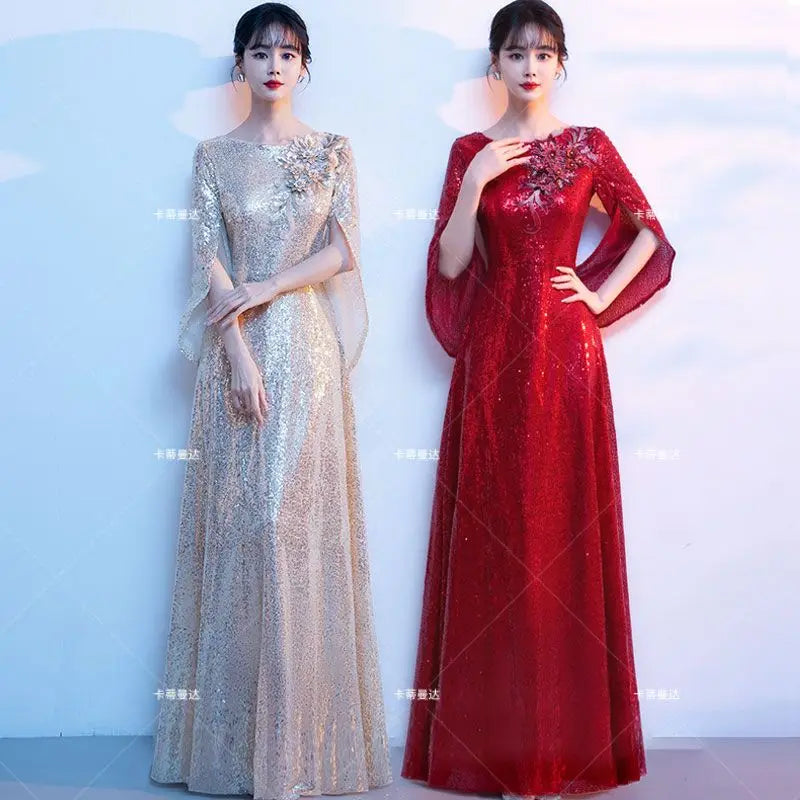 Wine Red Bride's Toast Dress, Women's 2025 New Style Spring Wedding and Engagement Dress, Sequined, Elegant and Grand Evening Dr